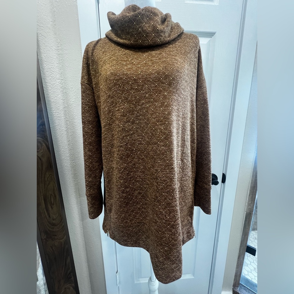 Jones New York Brown Cowl Neck Tunic Sweater With Gold Accents
